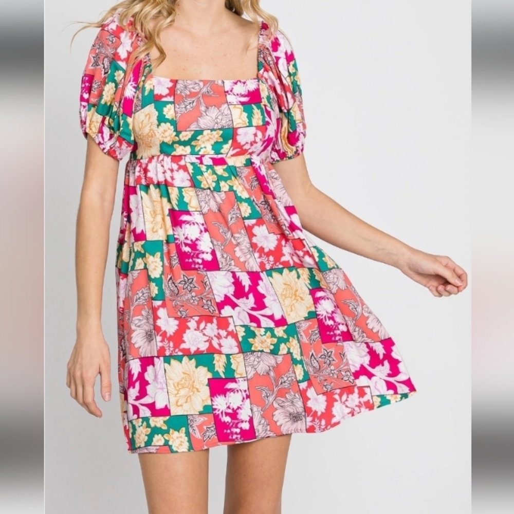 GeeGee Patchwork Floral Puff Sleeve Dress Size M - Picture 9 of 15